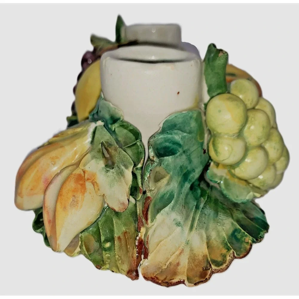 Gorgeous Antique Capodimonte Fruit Foliage Two-Candle Holder Handmade Italy 10x5